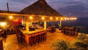 An outdoor bar area with a thatched roof, bar stools, and a view of the ocean.