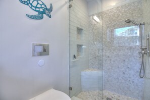 Shower, towels, toilet paper