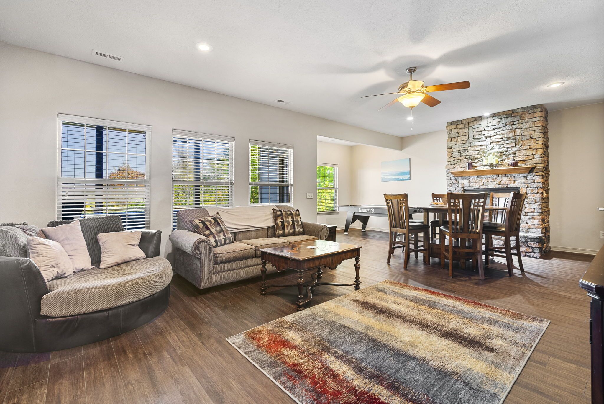 TV, fireplace, foosball