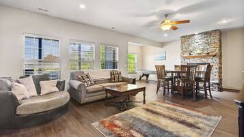 TV, fireplace, foosball