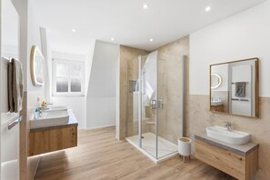 Shower, hair dryer, towels