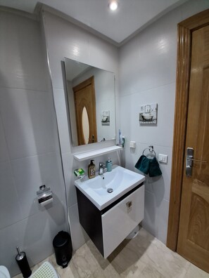 Hair dryer, bidet, towels, soap