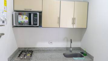 Una cocina compacta con estufa a gas, microondas, fregadero y armarios.