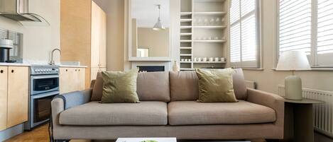 Télévision, cheminée, chaîne hi-fi