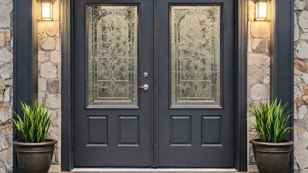 A dark-colored double door with glass panels, flanked by stone walls and two potted plants. - RockSide Suite: Stairs & Ramp Access • Masters Tournament • Lake Getaways (Appling)