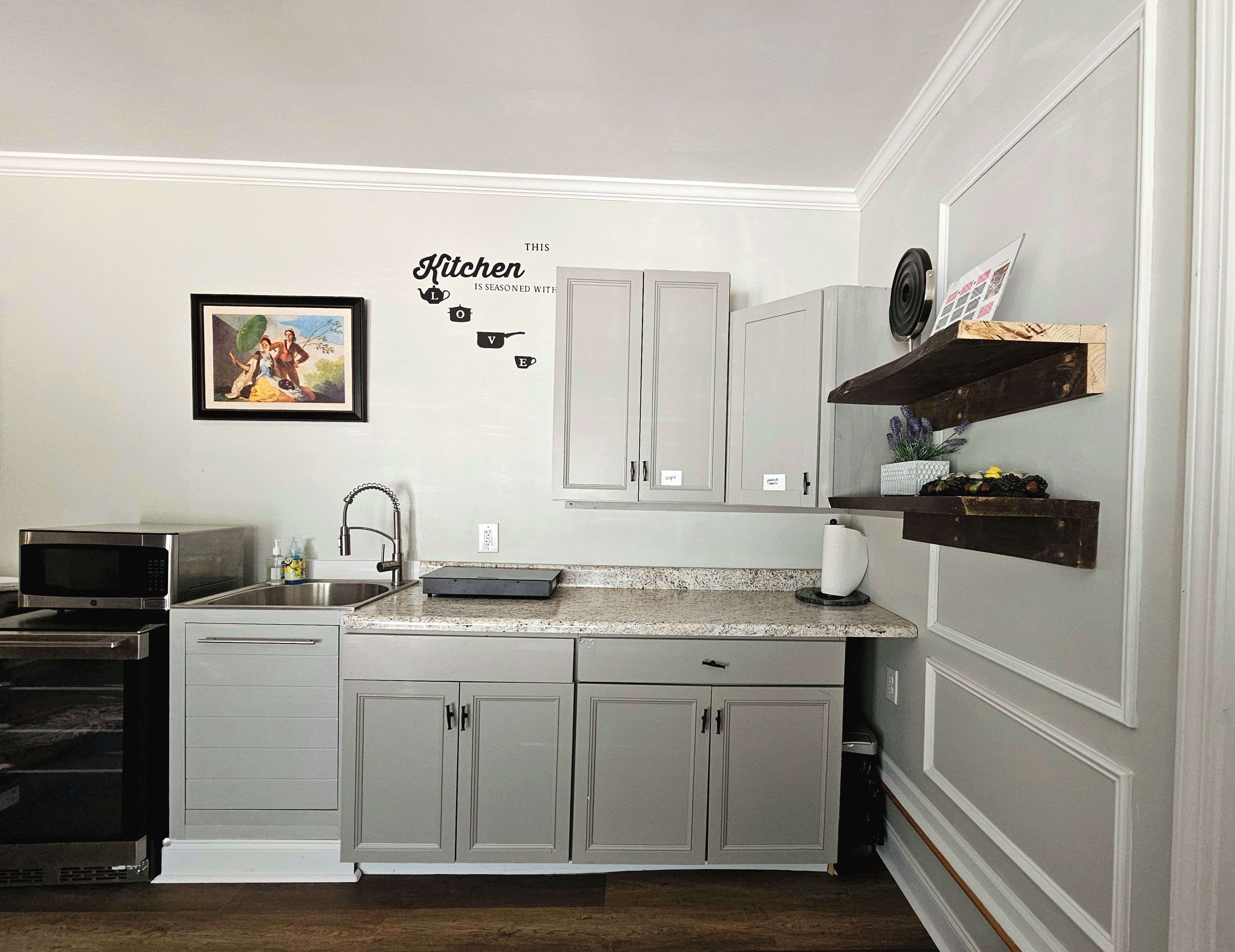 Microwave, stovetop, coffee/tea maker, electric kettle
