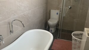 Ein Badezimmer mit Badewanne, Toilette und Dusche.