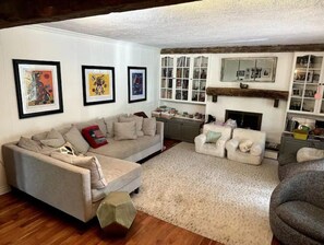 Smart TV, caminetto, libri, impianto stereo