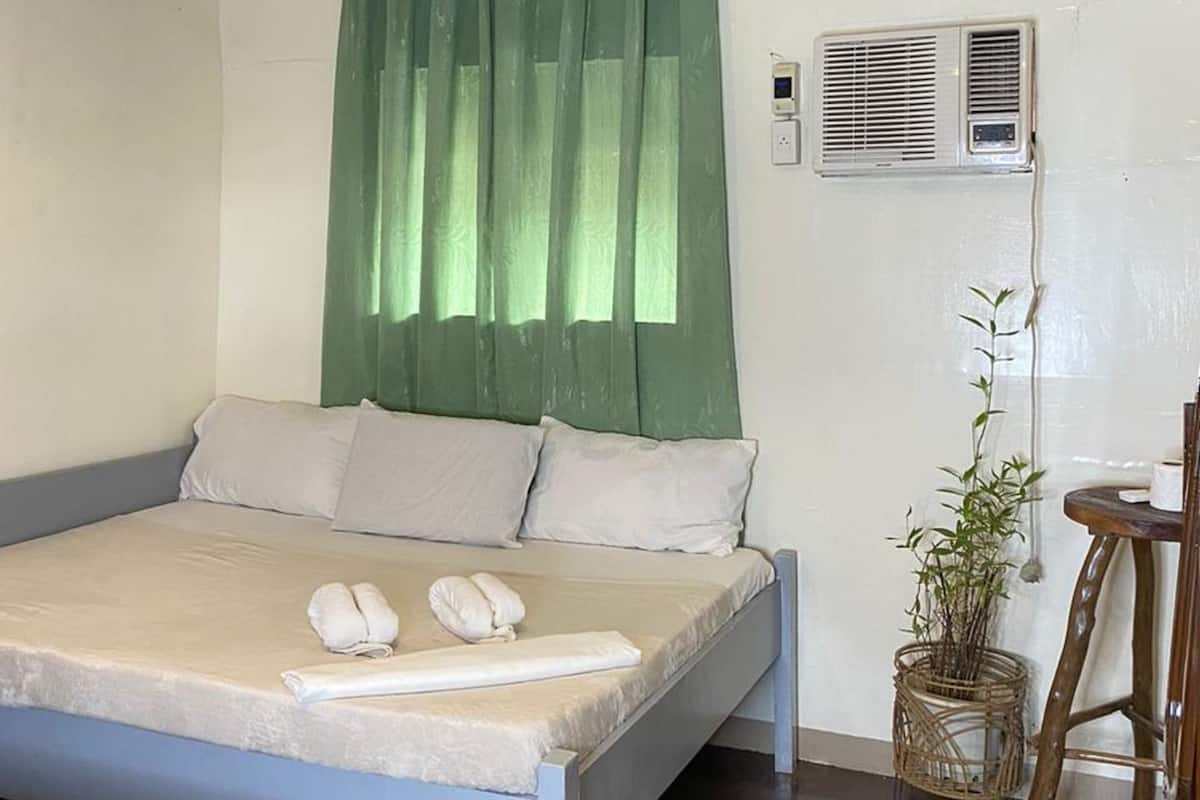 A single bed with a headboard, a bedside table, a green curtain, an air conditioning unit, and a small potted plant.