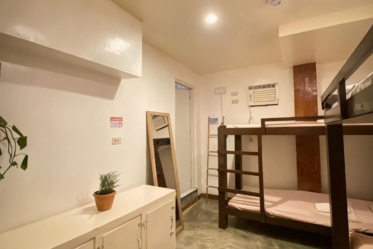 A bunk bed room with a wooden ladder, a potted plant, and a white cabinet.