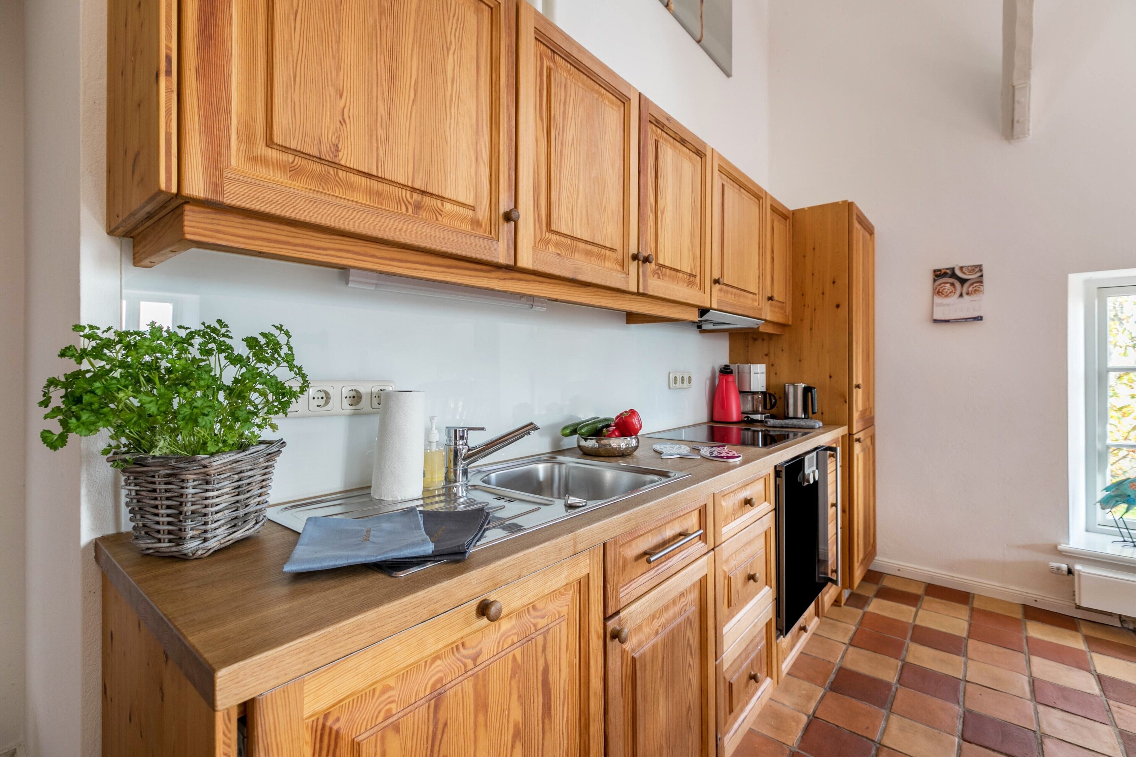 Fridge, stovetop, dishwasher, coffee/tea maker