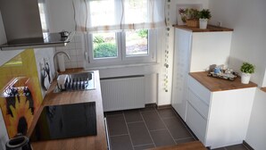 A compact kitchen with a stove, sink, and window overlooking greenery. - Apartment 'Sonnenblume' with Private Terrace, Private Garden and Wi-Fi (Sipplingen)