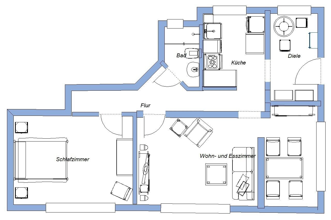 A hotel floor plan with a bathroom, kitchen, dining area, and living room.