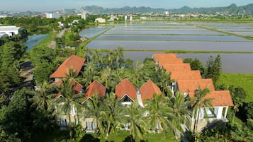 A residential area with houses featuring red-tiled roofs, surrounded by lush greenery and palm trees.