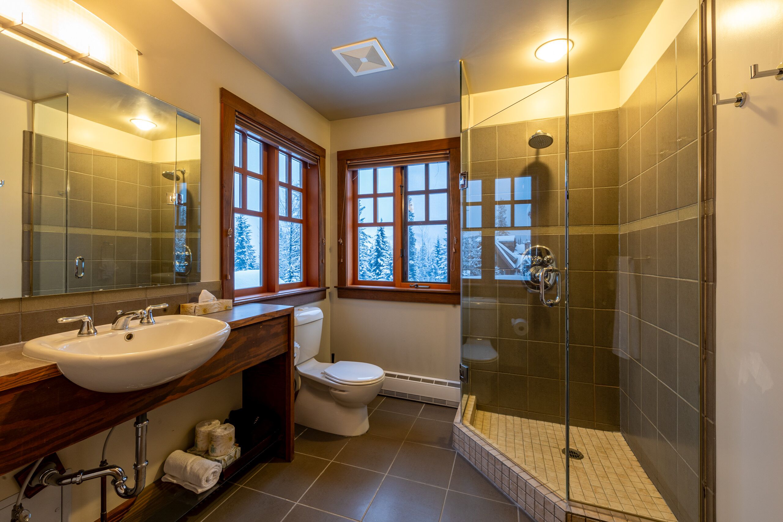 A modern bathroom with a glass-enclosed shower, a large sink, and a toilet.