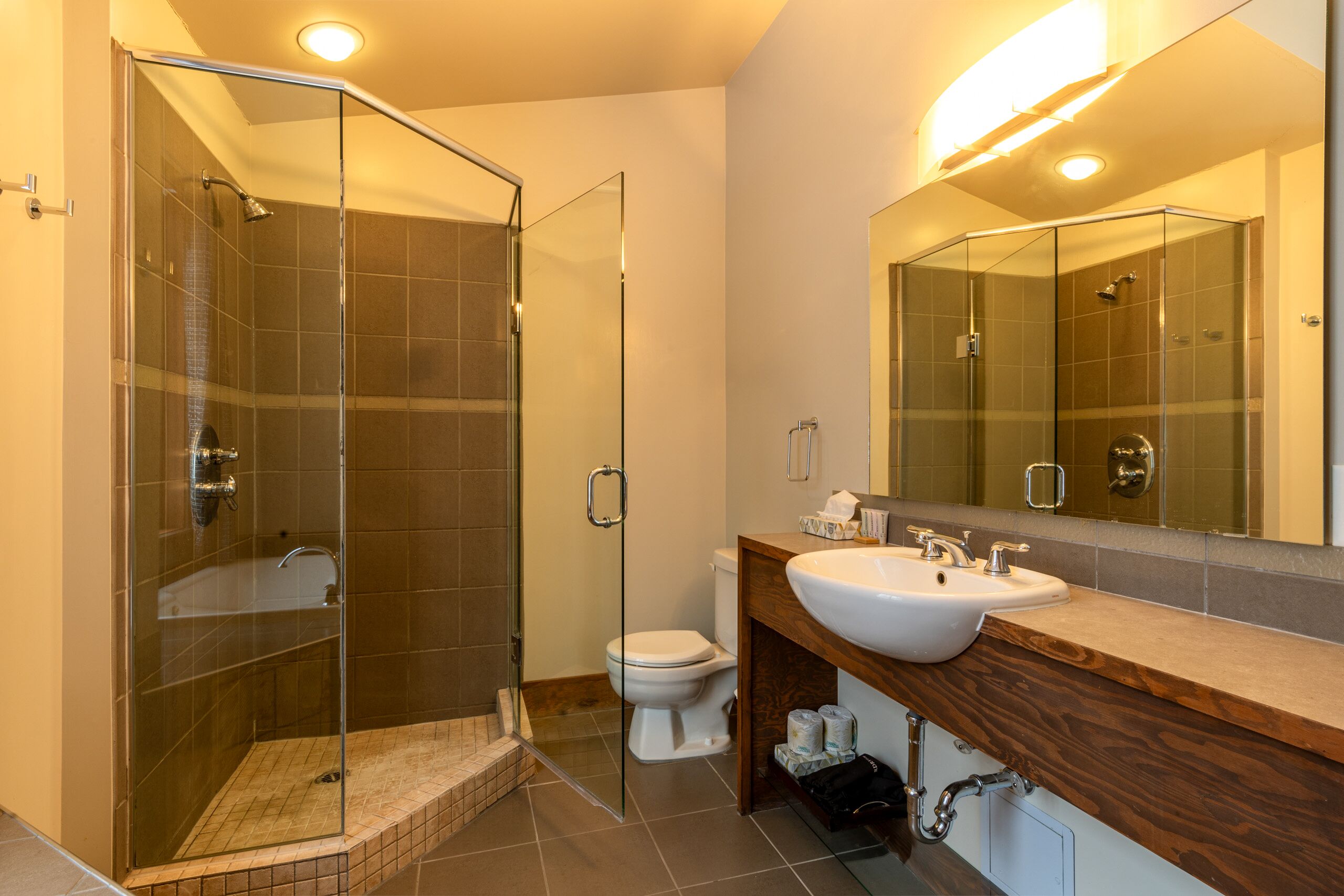 A modern bathroom with a glass-enclosed shower, a white toilet, and a wooden vanity with a large sink.