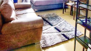Een moderne woonkamer met een bank, een bijzettafeltje, een stoel, een bed en een televisie.