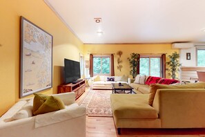 TV, DVD player, ping pong, video library