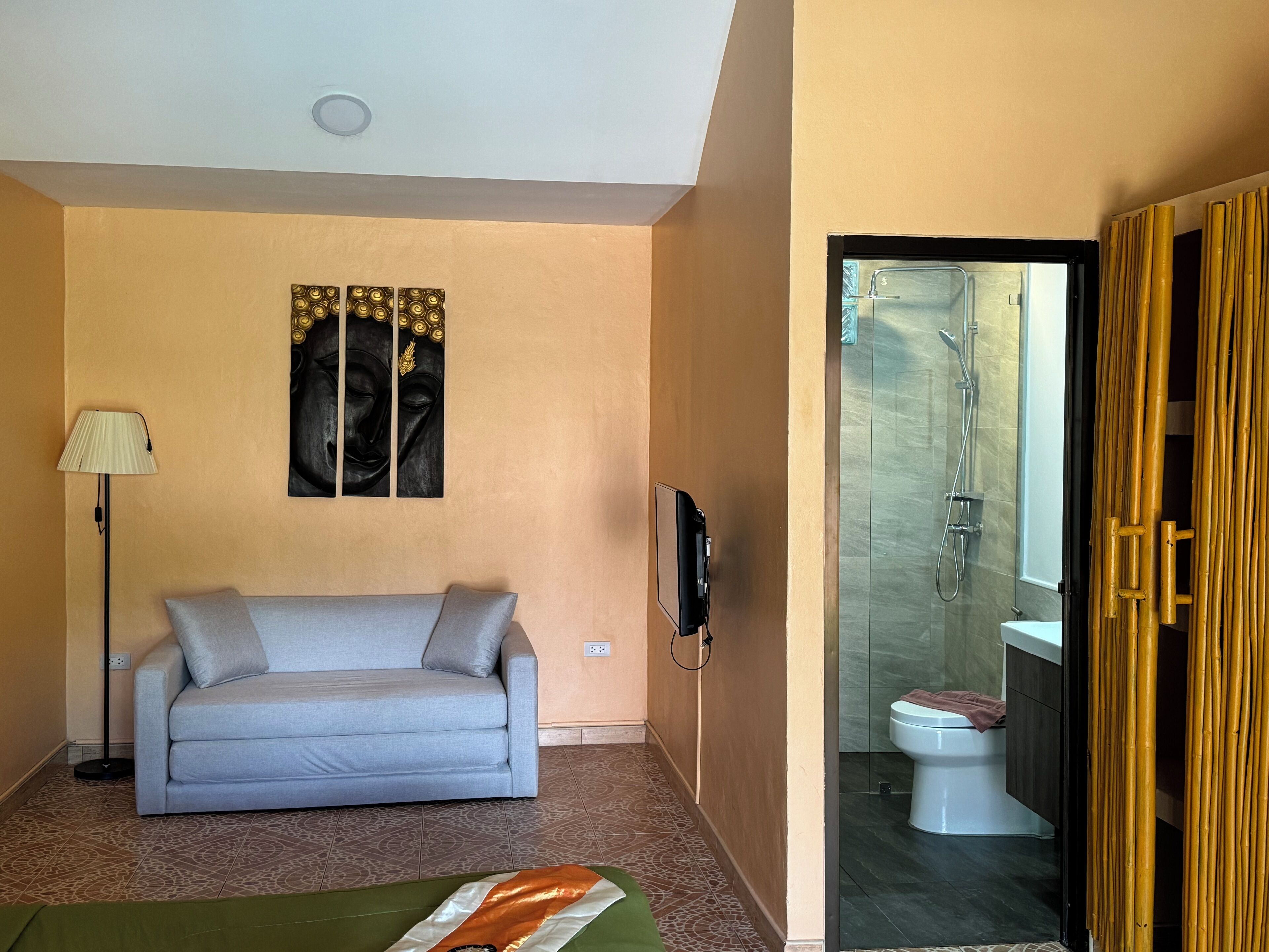 A room with a sofa, a wall-mounted TV, a floor lamp, and a bathroom with a toilet and shower.