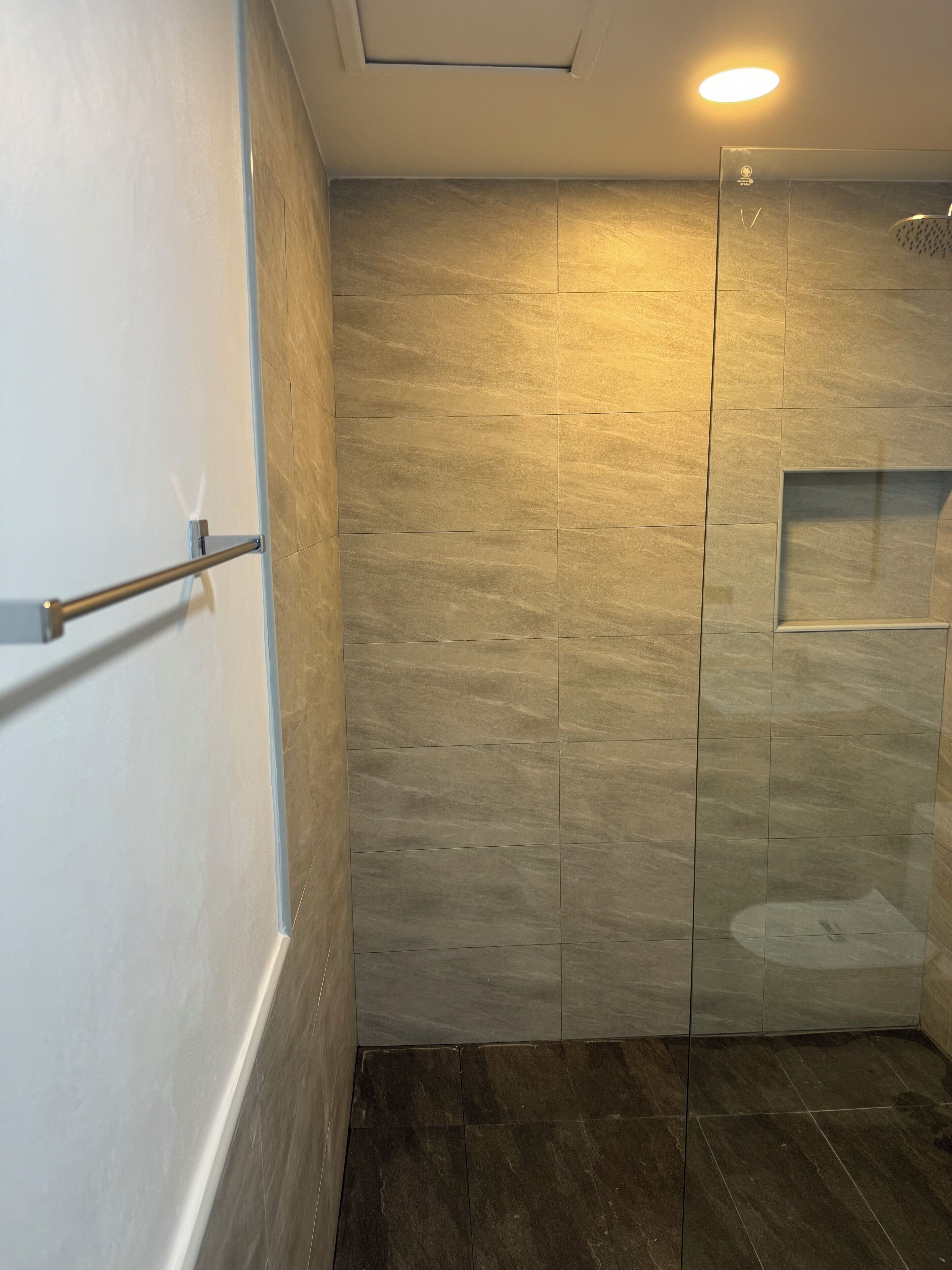 A modern bathroom with a glass shower enclosure, a towel rack, and a recessed ceiling light.