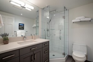 Ein modernes Badezimmer mit Duschkabine, weißer Toilette und Waschtisch mit Spüle und Schrank.