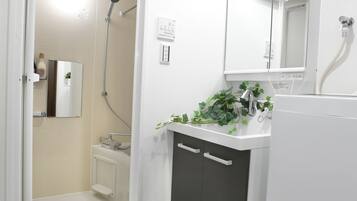 Combined shower/tub, hair dryer, slippers, bidet