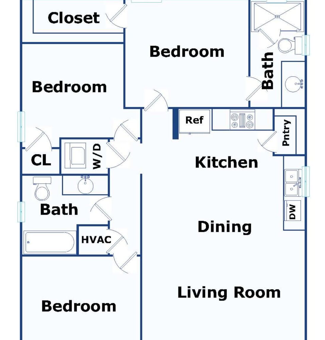 Ein Grundriss mit Schlafzimmer, Abstellraum, Badezimmer, Küche, Essbereich, Wohnzimmer und einer Heizungs-, Lüftungs- und Klimaanlage.