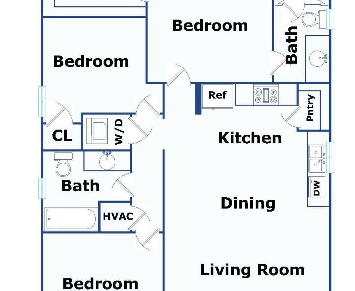 A floor plan with two bedrooms, a bathroom, a kitchen, a dining area, and a living room.
