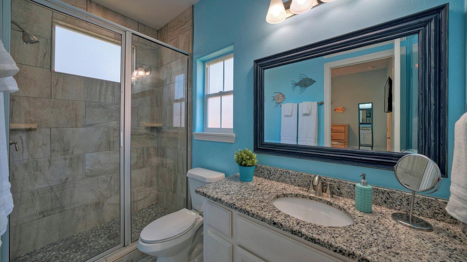 A bathroom with a glass shower enclosure, a white toilet, a granite countertop with a sink, and a large mirror.