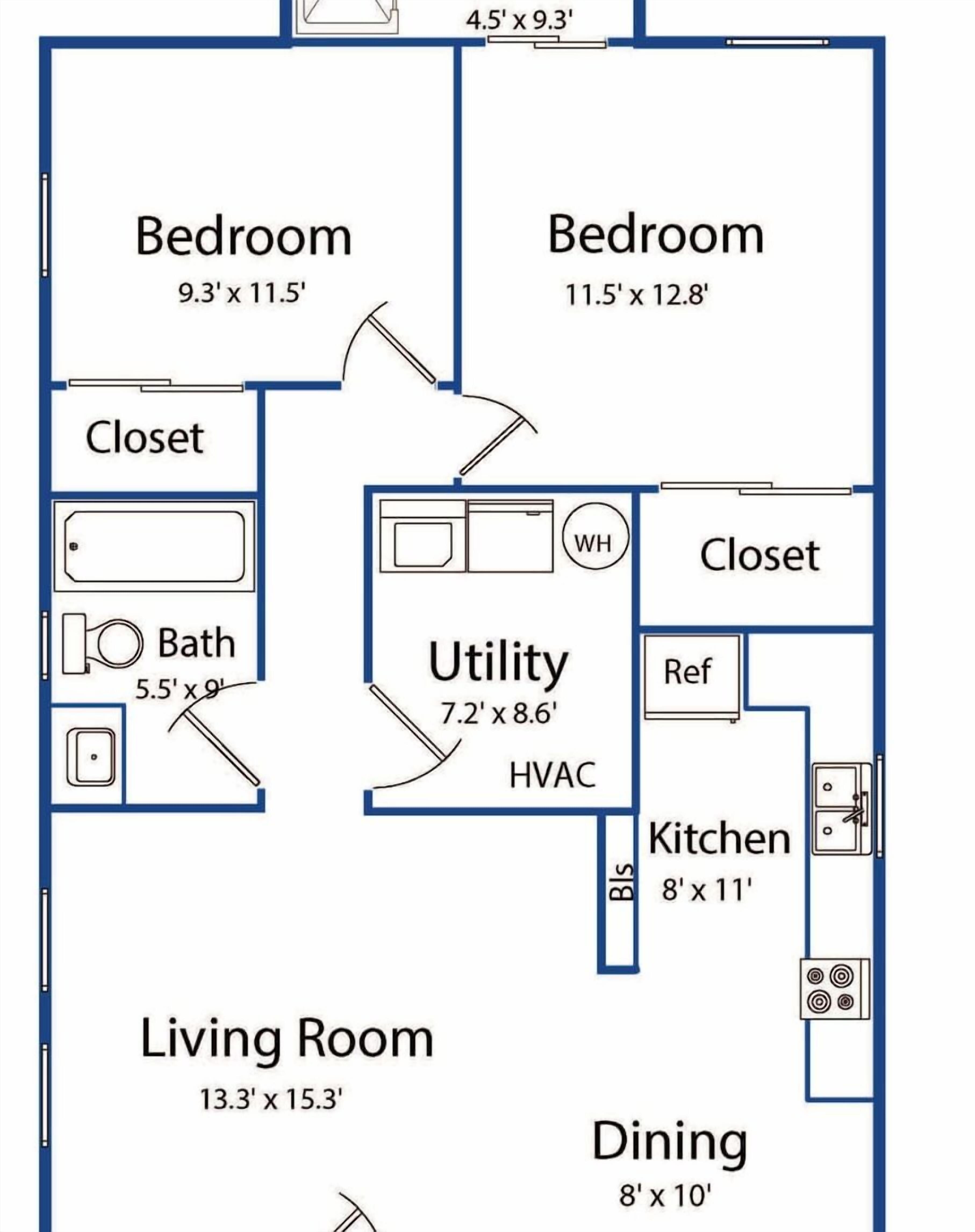 Plattegrond van een vakantiehuis met twee slaapkamers, een woonkamer, een eetruimte, een keuken, een badkamer en een bijkeuken.