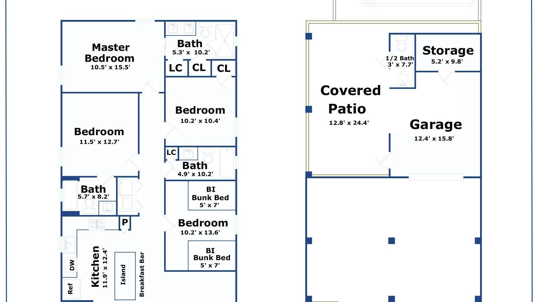 A floor plan with a master bedroom, two bathrooms, a kitchen, an island, a breakfast bar, a covered patio, and a garage.