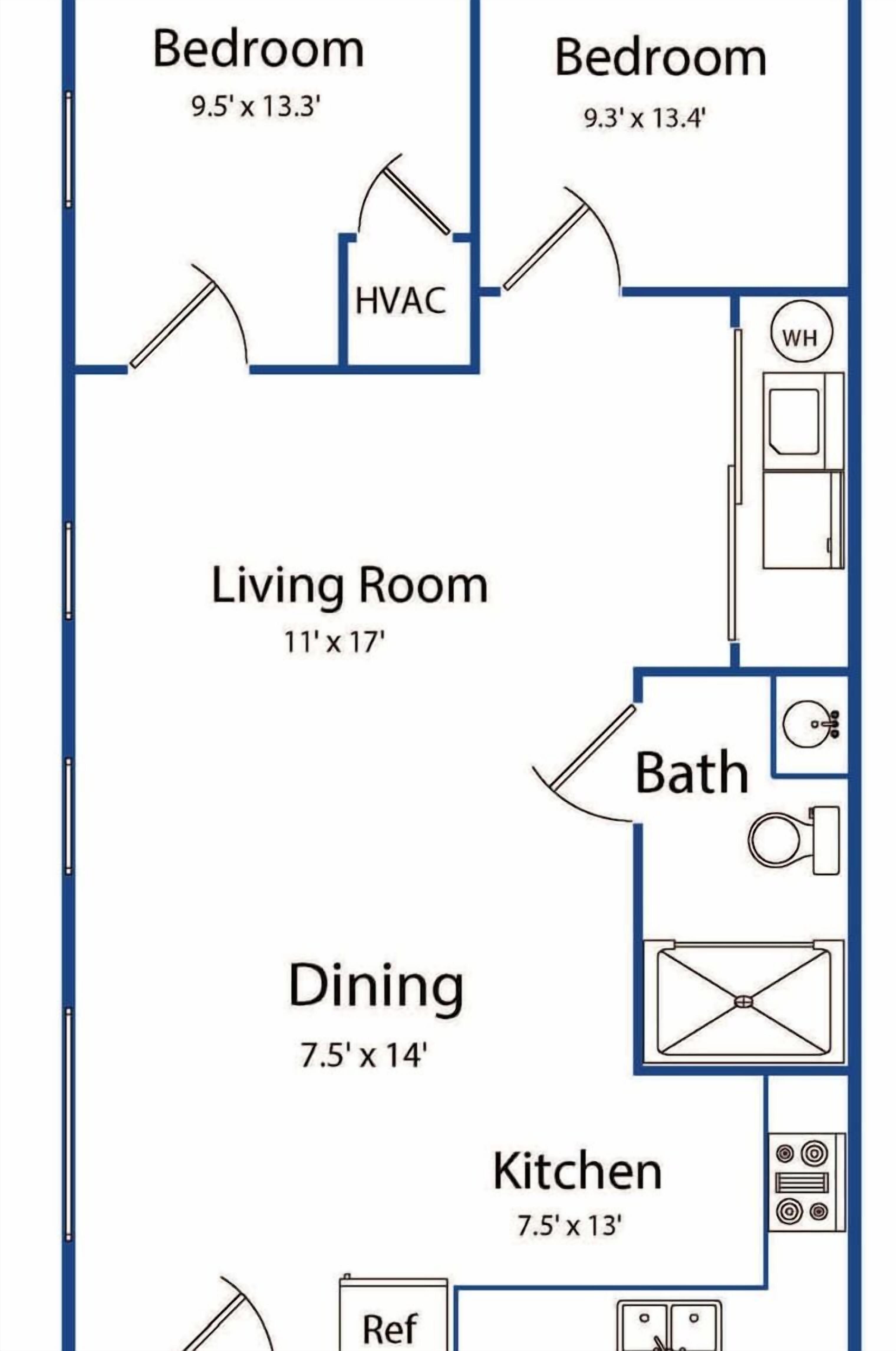 A floor plan with two bedrooms, a living room, dining area, kitchen, and bathroom.
