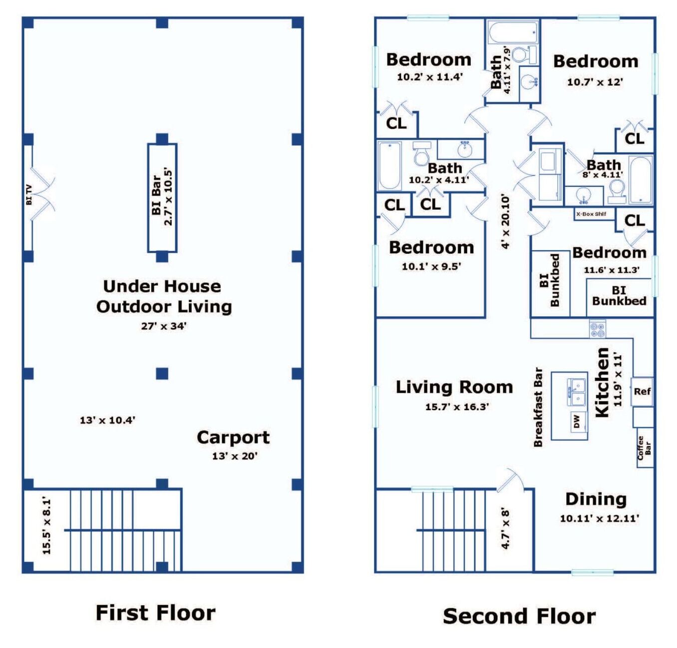 A floor plan of a house with two bedrooms, a living room, a kitchen, a dining area, a bathroom, a carport, and an outdoor living area.