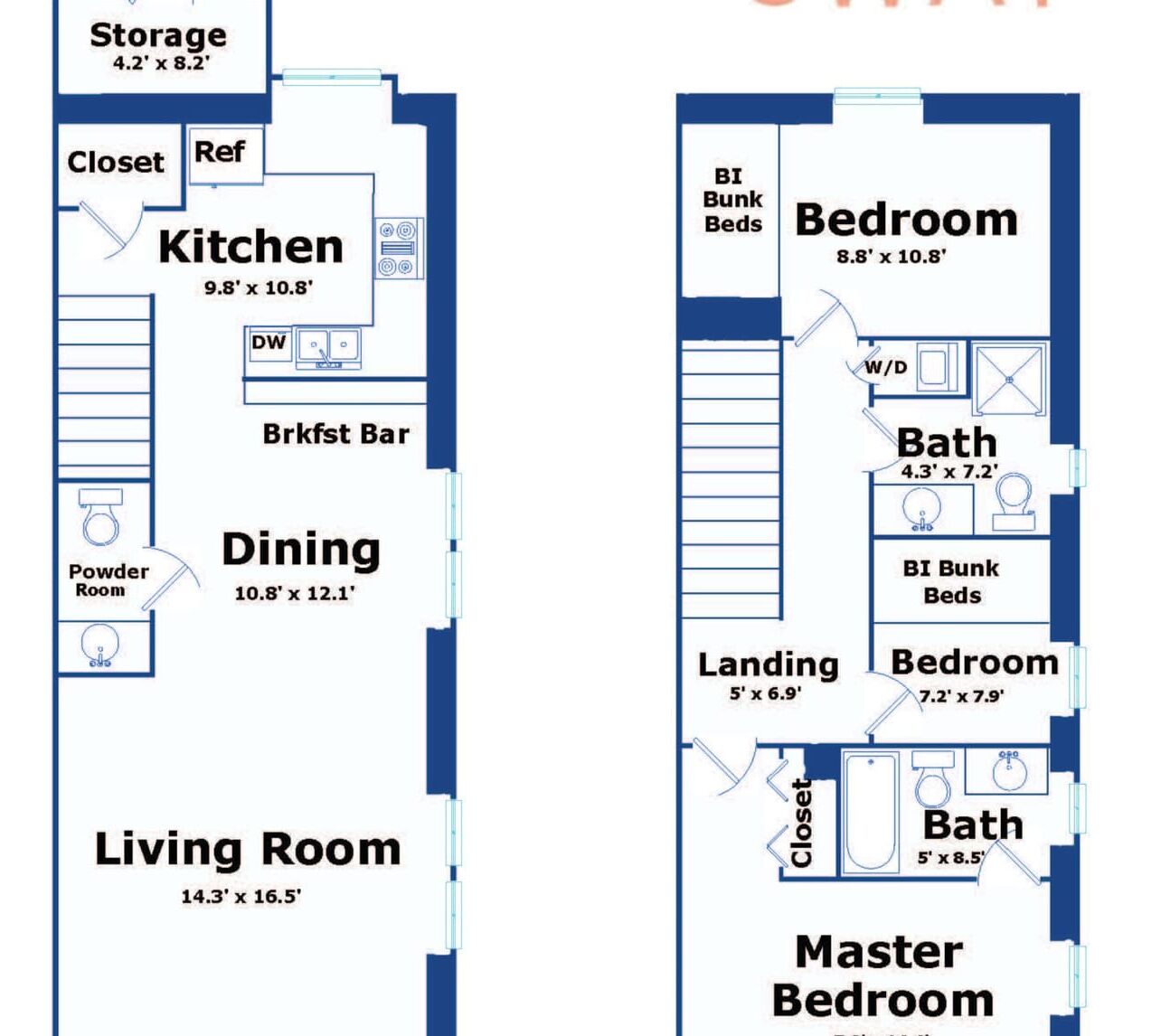 Plano de planta de una habitación de hotel con sala de estar, comedor, cocina y dos dormitorios.