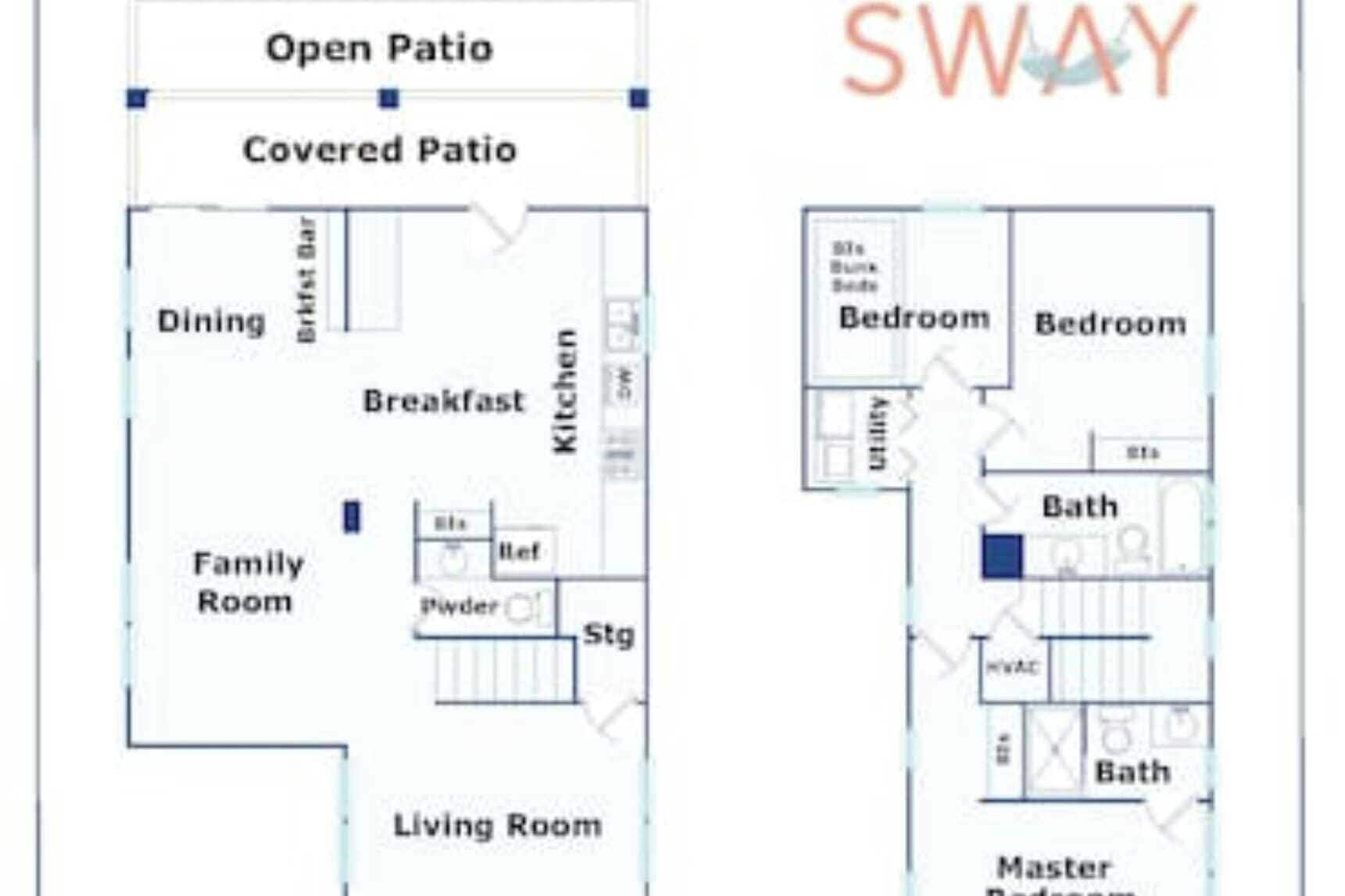 A floor plan with an open patio, covered patio, dining area, breakfast kitchen, family room, living room, two bedrooms, a utility room, and a master bedroom.