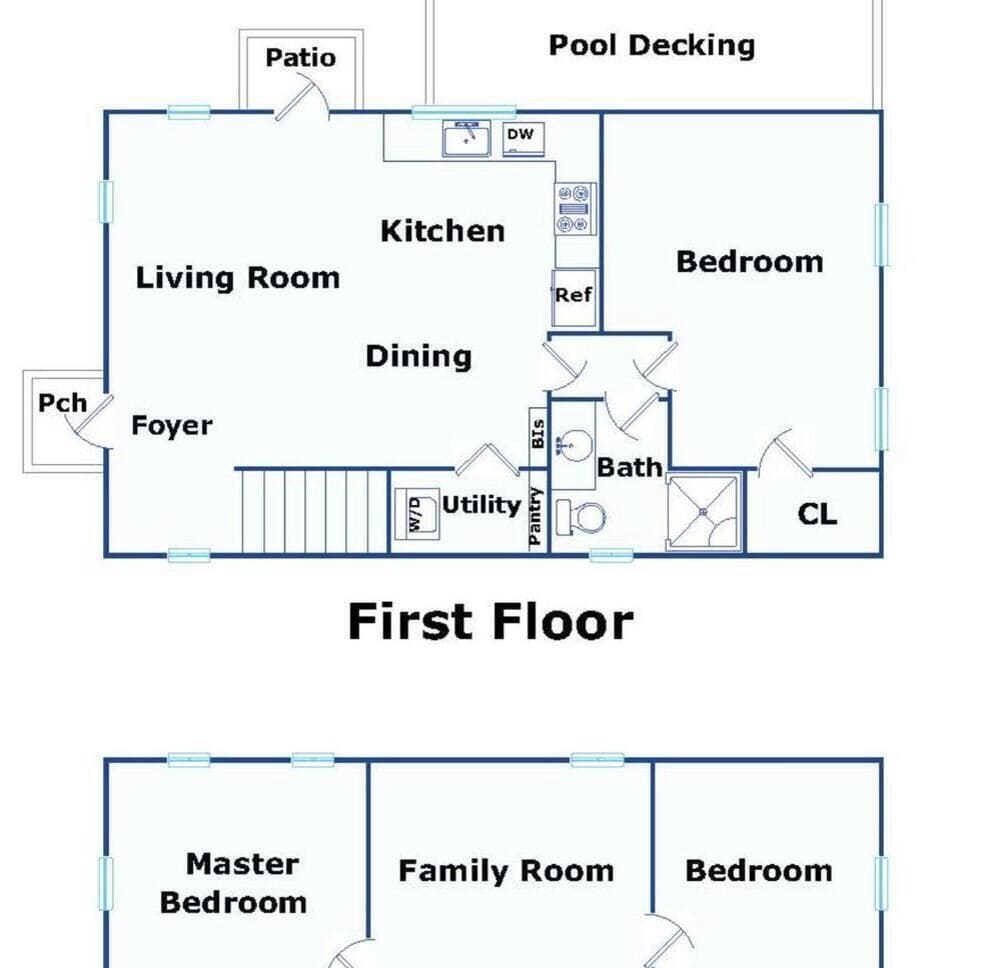 Plano de planta del primer piso que muestra una sala de estar, cocina, comedor, baño y dormitorio.