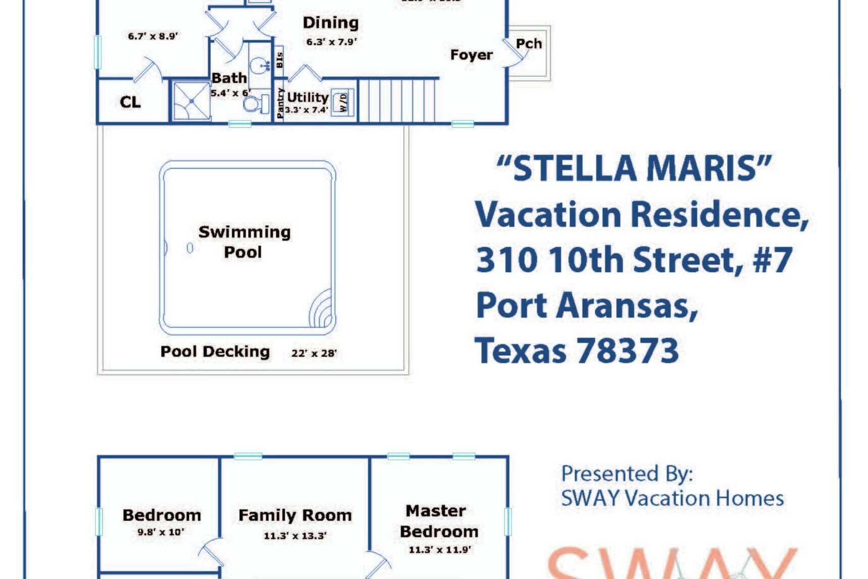 Plan d’étage de la résidence de vacances « STELLA MARIS », comprenant une piscine, un coin repas et diverses pièces.