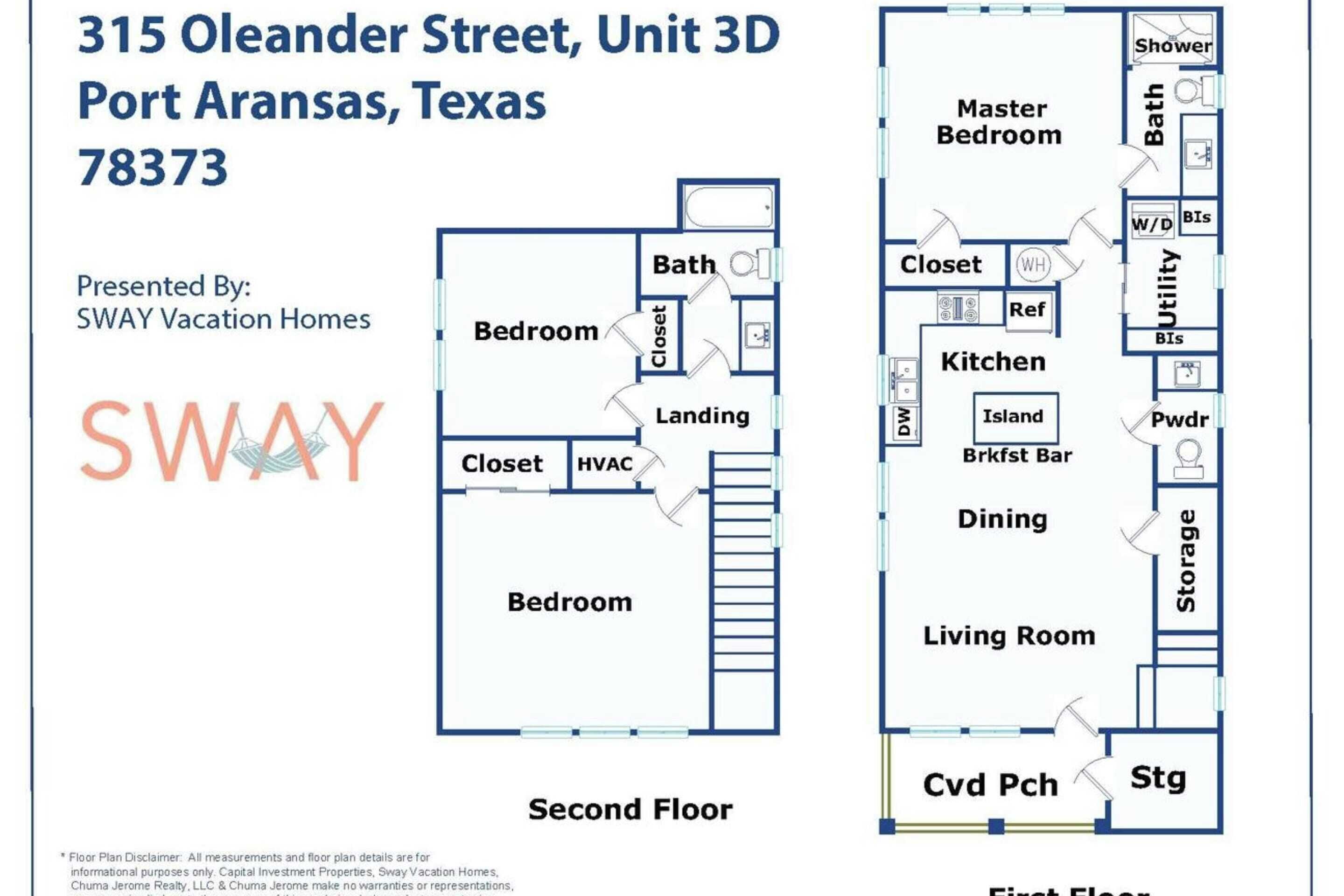 A floor plan of a 2-story apartment at 315 Oleander Street, Unit 3D, Port Aransas, Texas, with labeled rooms including a master bedroom, bathroom, kitchen, and living room.