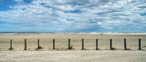 A beach with a sandy shore, wooden posts, and a cloudy sky.