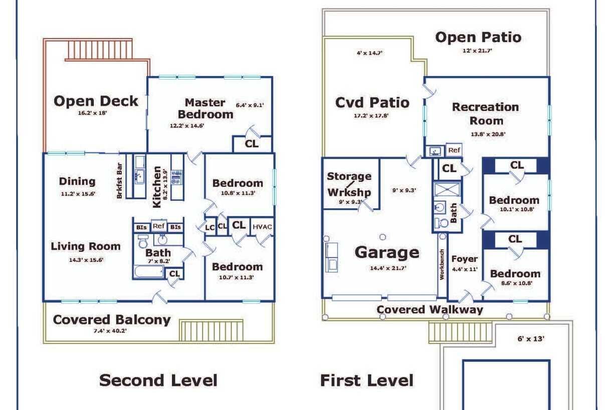 A floor plan of a two-level building with an open deck, dining area, living room, master bedroom, and a covered balcony on the second level, and a recreation room, garage, and covered walkway on the first level.