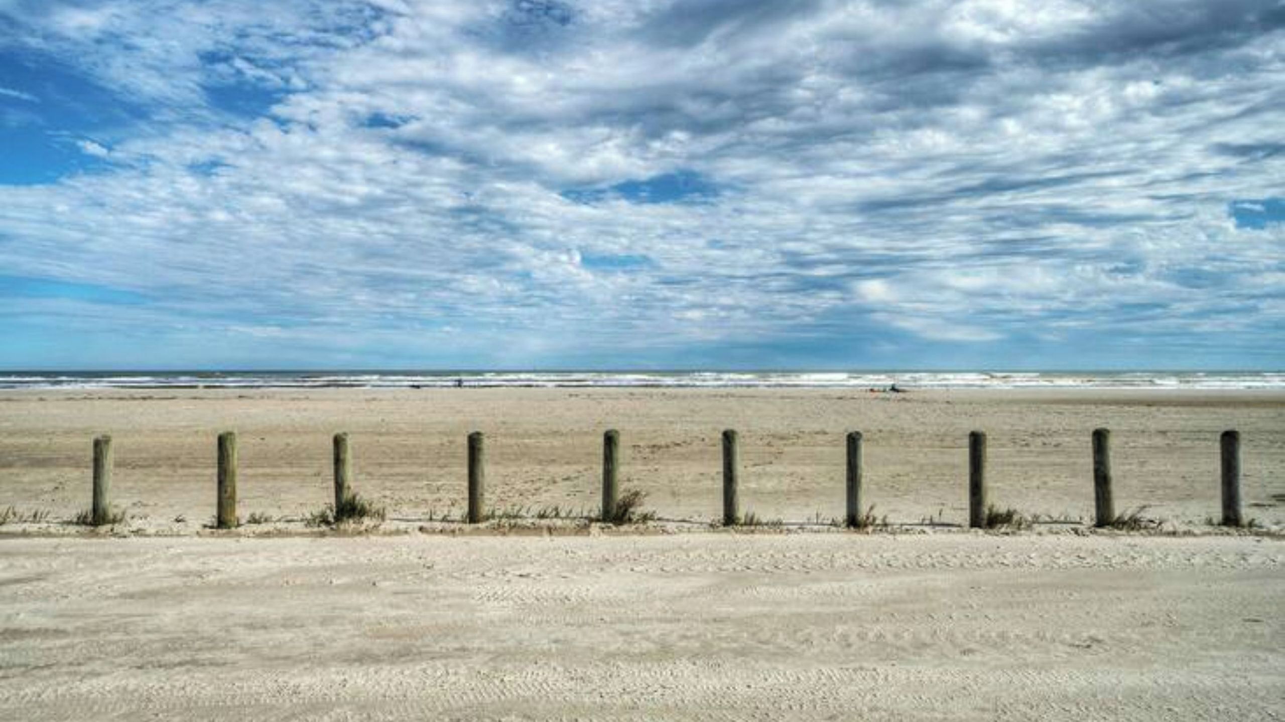 A beach with a wooden fence in the foreground and the ocean in the background.