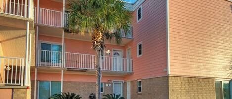A multi-story building with balconies, a palm tree, and a brick facade.