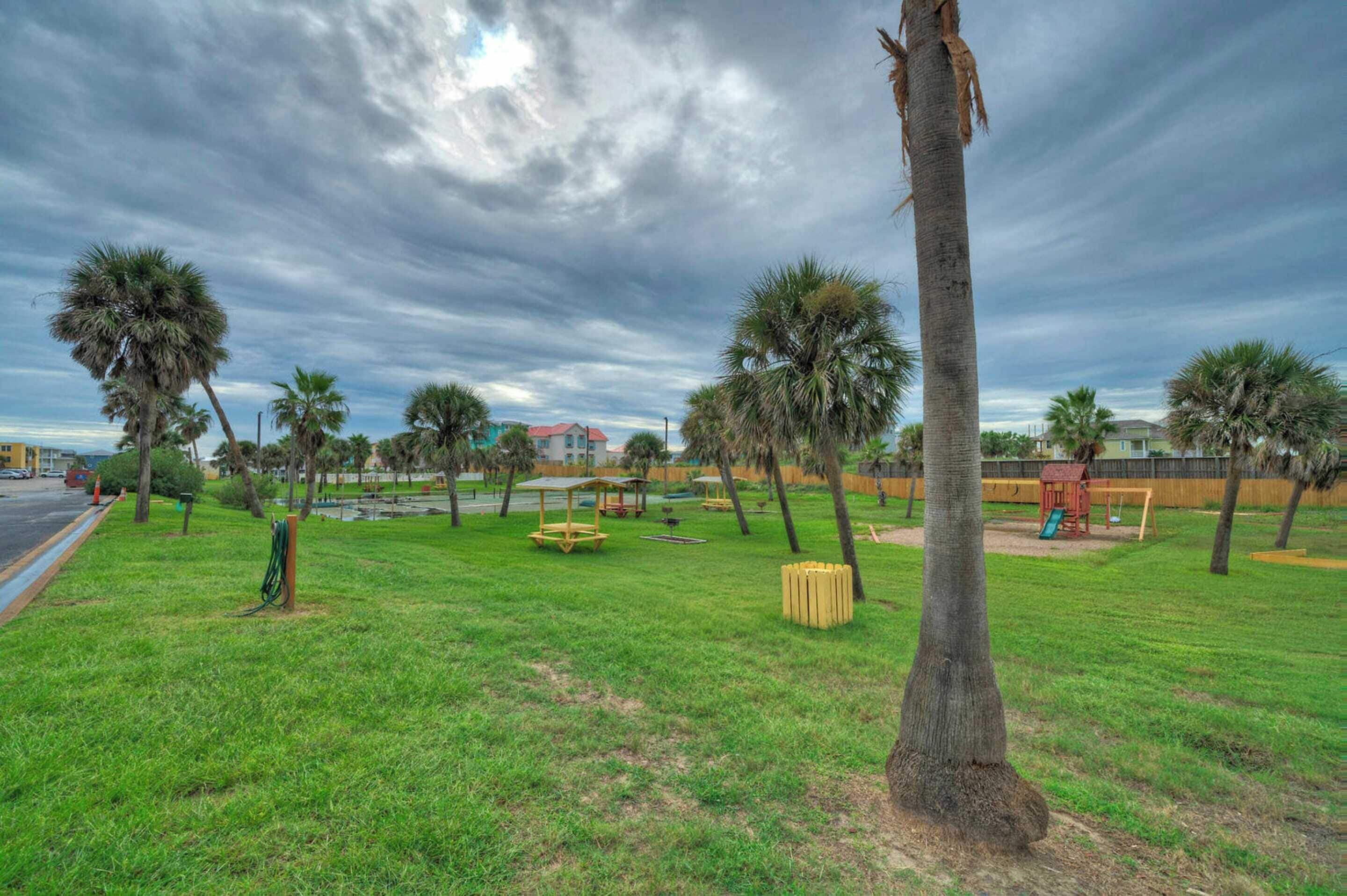 A park with palm trees, playground equipment, and a grassy area.
