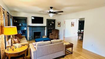 Smart TV, chimenea, libros