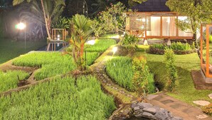 A well-lit garden area with a pond, lush greenery, and a small building structure. - Bali De Pardis Cottage (Munduk)