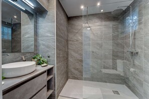 Features a sleek vanity with a large sink and walk-in shower with a glass door.