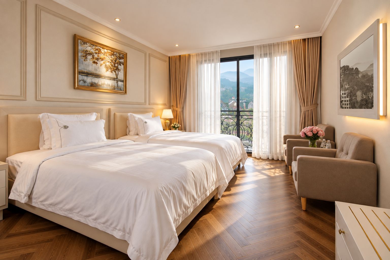 A hotel room with a large bed, a seating area, and a balcony with a view.