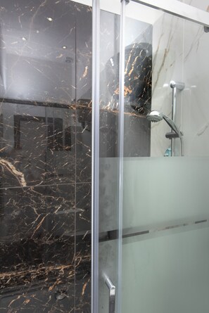 Shower, hair dryer, bidet, towels
