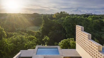 Ein Pool auf dem Dach mit Blick auf eine bewaldete Landschaft.