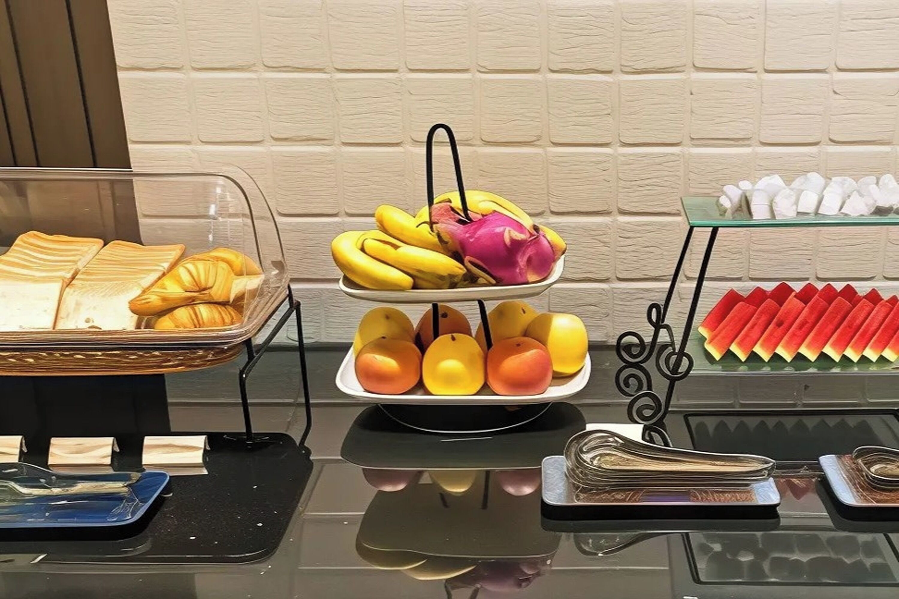 Un bufé con diversas frutas y pasteles.